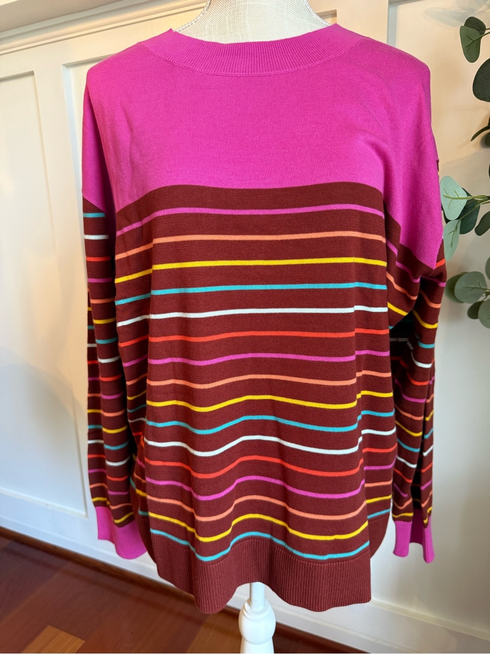 Lands' End Fuchsia and Brown Striped Long Sleeve Sweater Women's 1X